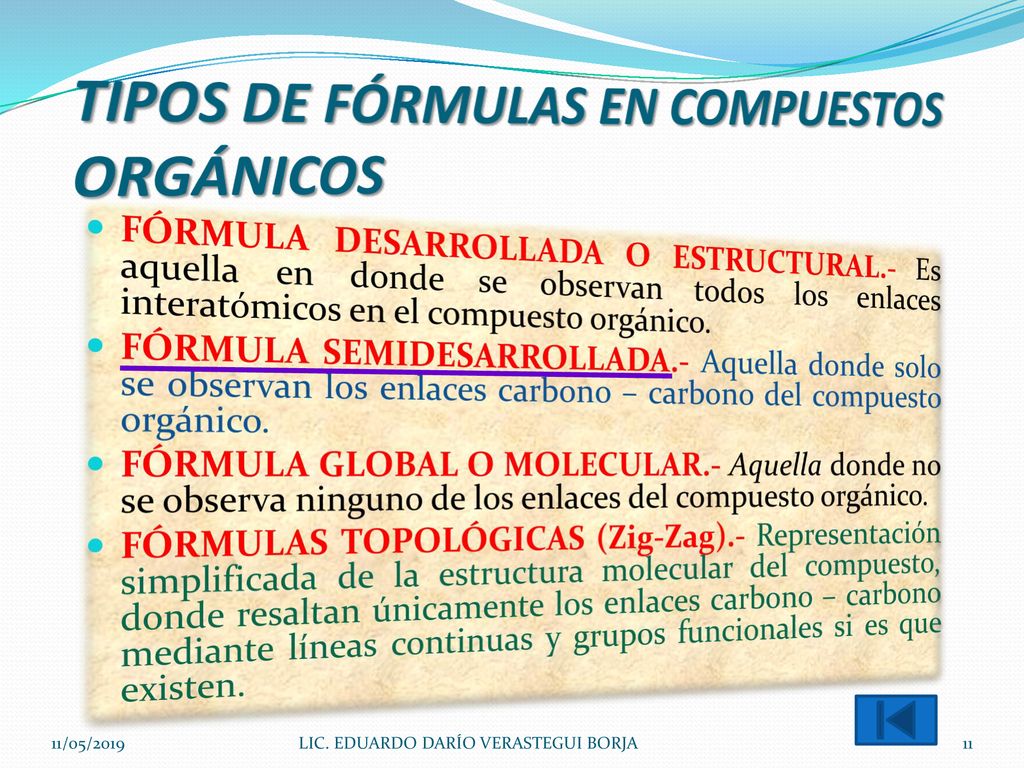TIPOS DE FÓRMULAS EN COMPUESTOS ORGÁNICOS
