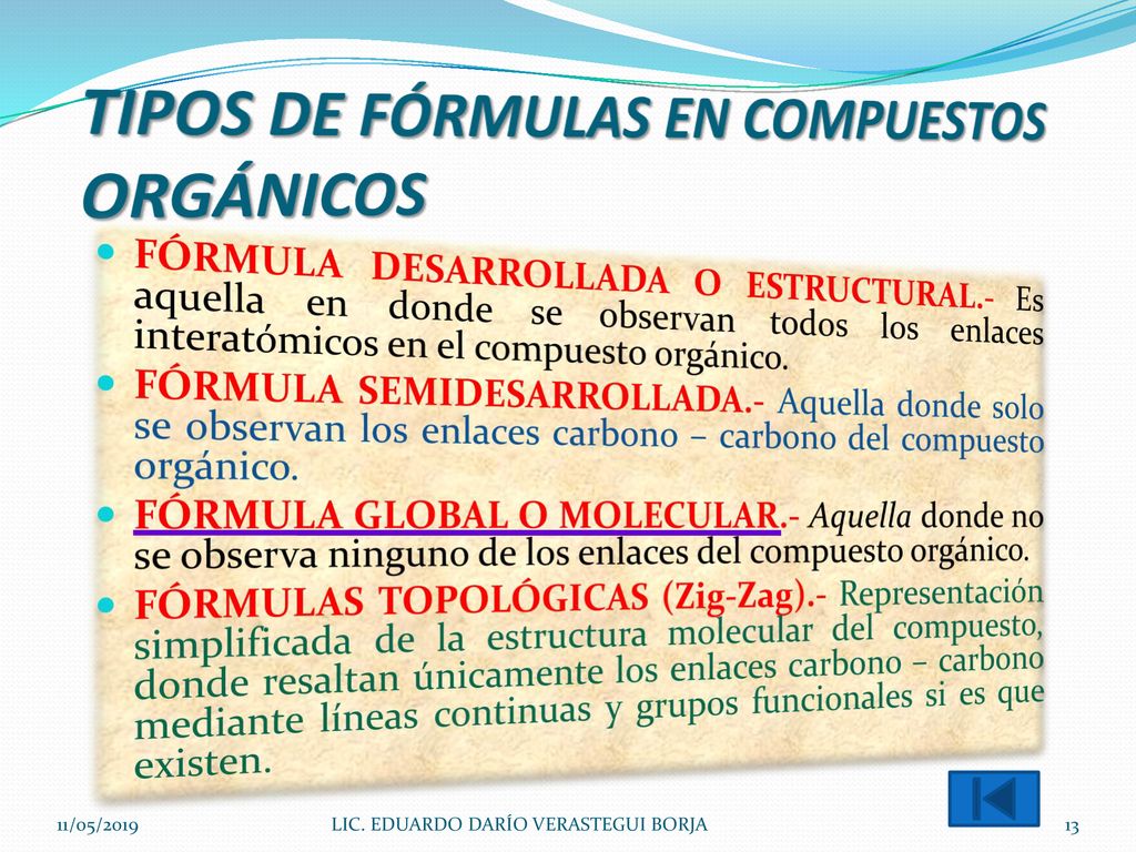 TIPOS DE FÓRMULAS EN COMPUESTOS ORGÁNICOS