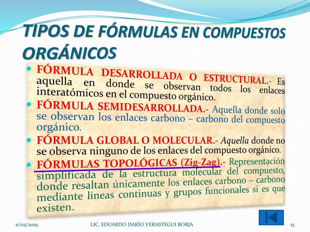 TIPOS DE FÓRMULAS EN COMPUESTOS ORGÁNICOS