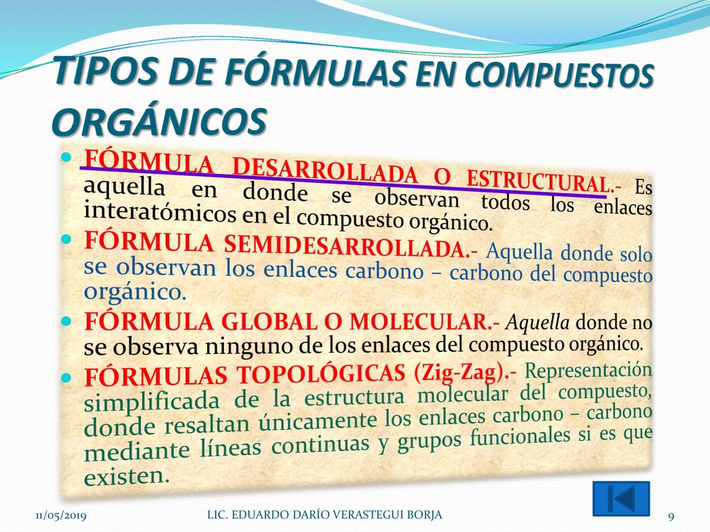 TIPOS DE FÓRMULAS EN COMPUESTOS ORGÁNICOS