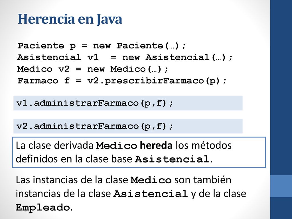Herencia en Java Paciente p = new Paciente(…); Asistencial v1 = new Asistencial(…); Medico v2 = new Medico(…);