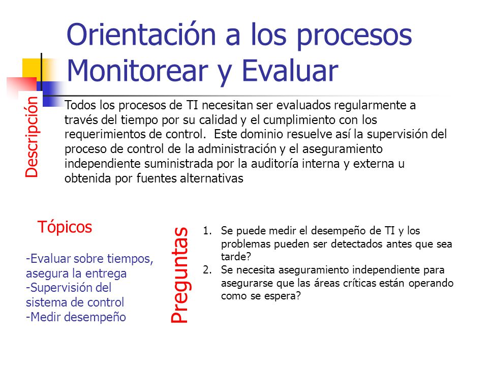 Orientación a los procesos Monitorear y Evaluar