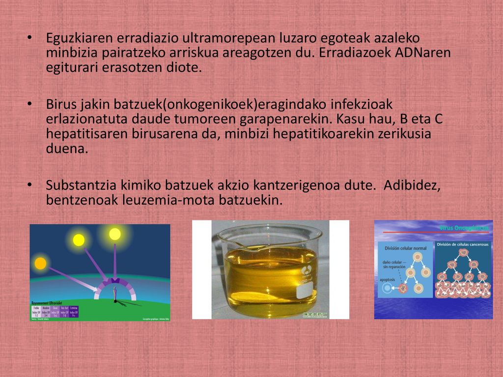 Eguzkiaren erradiazio ultramorepean luzaro egoteak azaleko minbizia pairatzeko arriskua areagotzen du. Erradiazoek ADNaren egiturari erasotzen diote.
