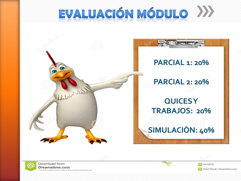 EVALUACIÓN MÓDULO PARCIAL 1: 20% PARCIAL 2: 20% QUICES Y TRABAJOS: 20%