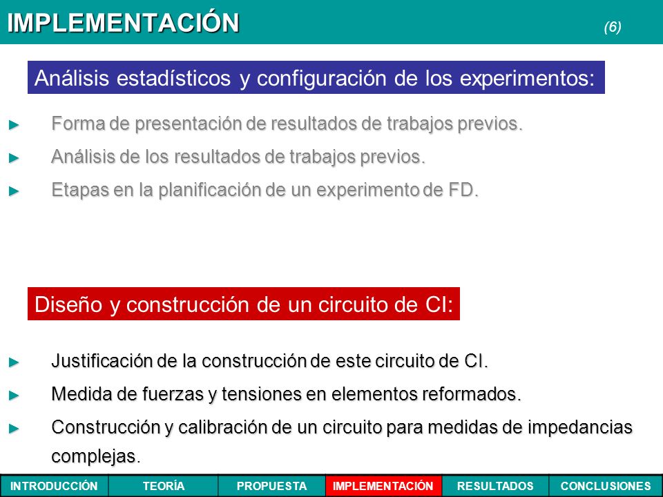 IMPLEMENTACIÓN (6) Análisis estadísticos y configuración de los experimentos: Forma de presentación de resultados de trabajos previos.