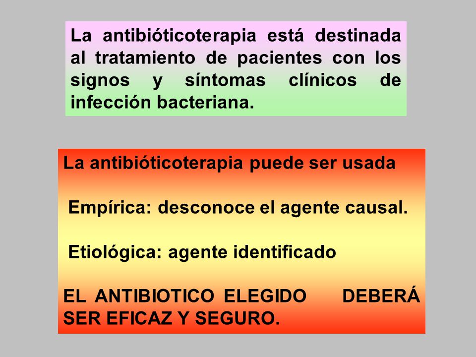 La antibióticoterapia está destinada al tratamiento de pacientes con los signos y síntomas clínicos de infección bacteriana.