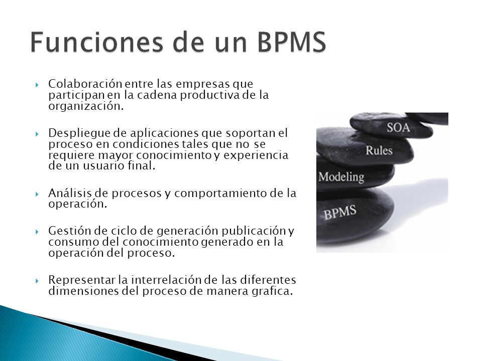 Funciones de un BPMS Colaboración entre las empresas que participan en la cadena productiva de la organización.