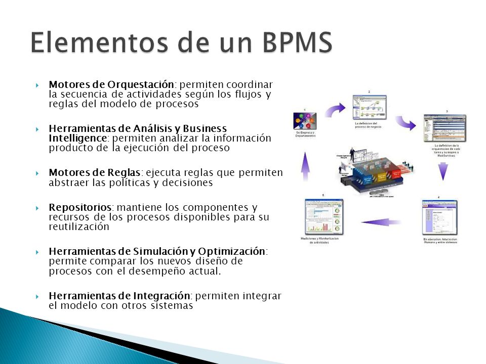 Elementos de un BPMS Motores de Orquestación: permiten coordinar la secuencia de actividades según los flujos y reglas del modelo de procesos.