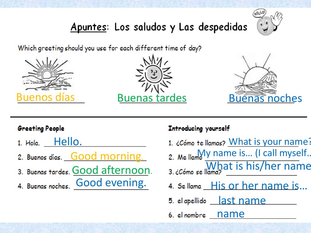 Buenos días Buenas tardes Buenas noches Hello. Good morning.