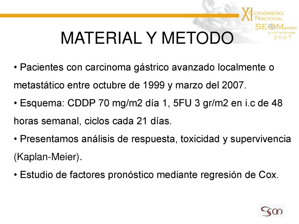 MATERIAL Y METODO Pacientes con carcinoma gástrico avanzado localmente o metastático entre octubre de 1999 y marzo del