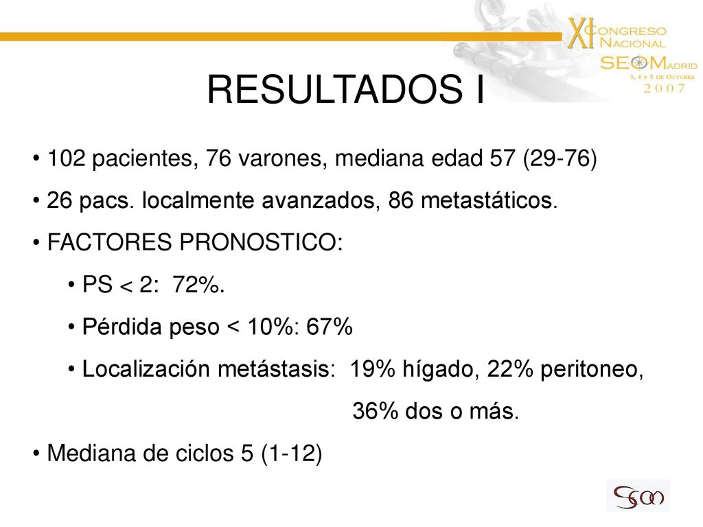 RESULTADOS I 102 pacientes, 76 varones, mediana edad 57 (29-76)