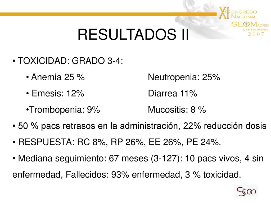 RESULTADOS II TOXICIDAD: GRADO 3-4: Anemia 25 % Neutropenia: 25%