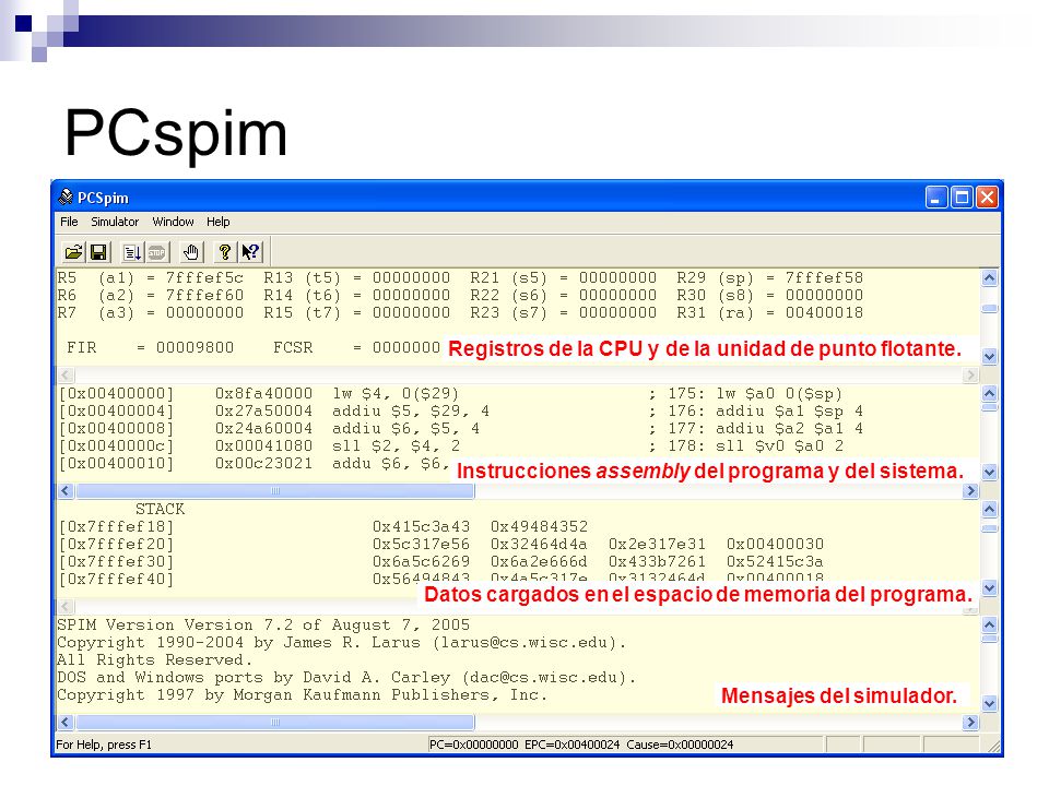 PCspim Registros de la CPU y de la unidad de punto flotante.