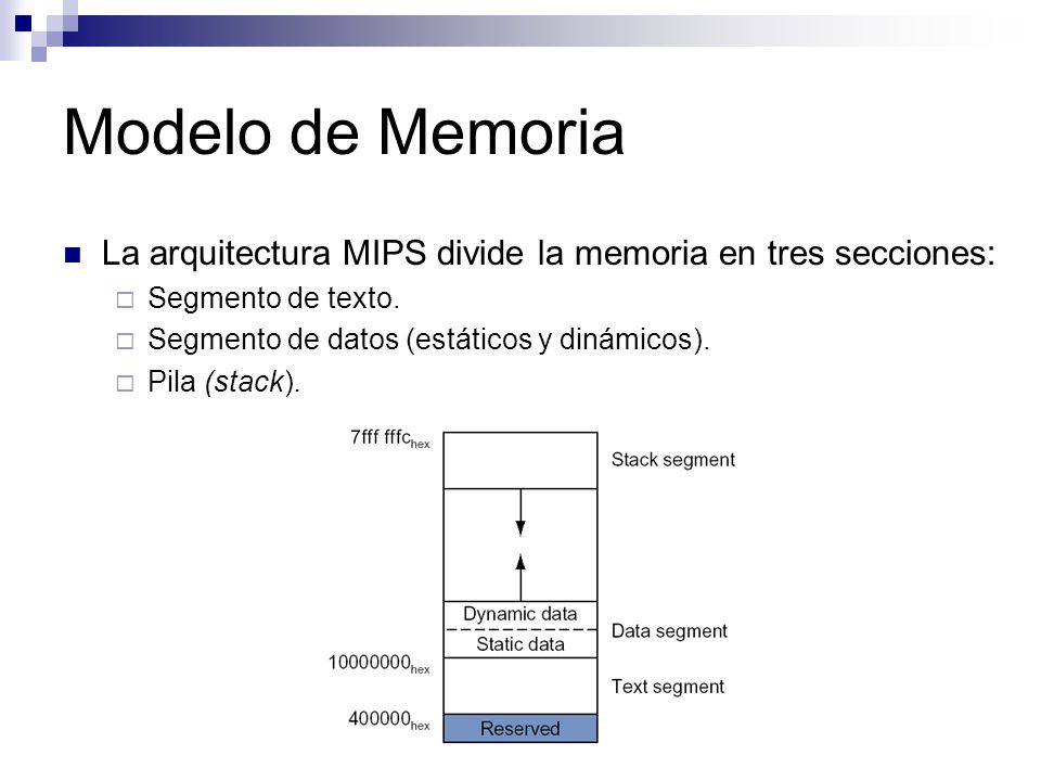 Modelo de Memoria La arquitectura MIPS divide la memoria en tres secciones: Segmento de texto. Segmento de datos (estáticos y dinámicos).