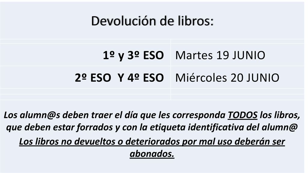 Devolución de libros: 1º y 3º ESO Martes 19 JUNIO 2º ESO Y 4º ESO
