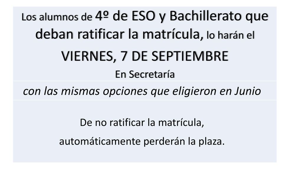 Los alumnos de 4º de ESO y Bachillerato que deban ratificar la matrícula, lo harán el