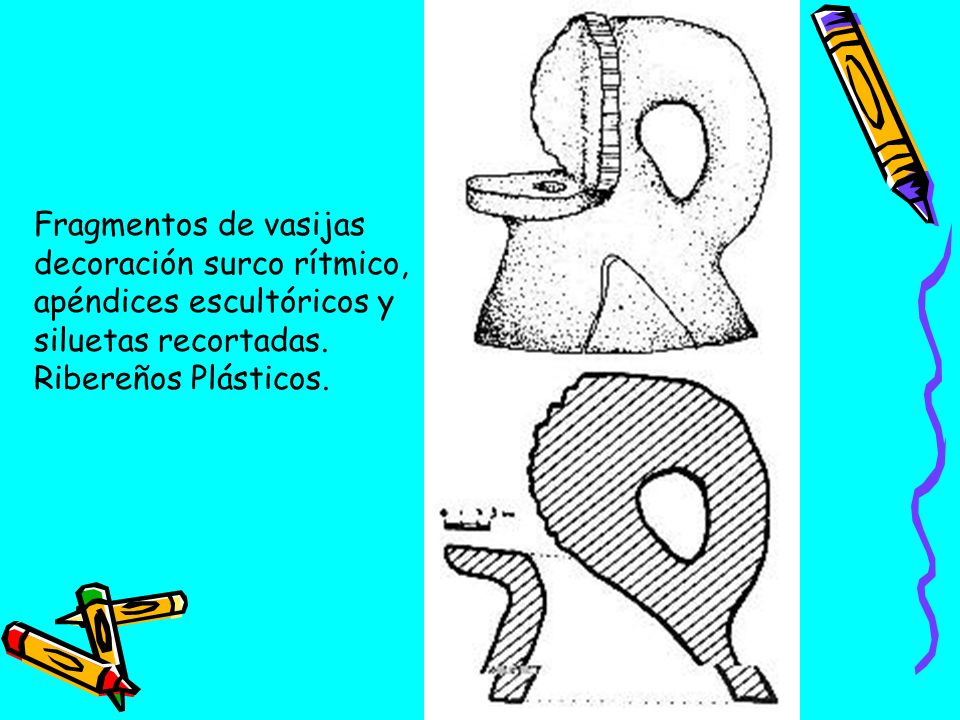 Fragmentos de vasijas decoración surco rítmico, apéndices escultóricos y siluetas recortadas.