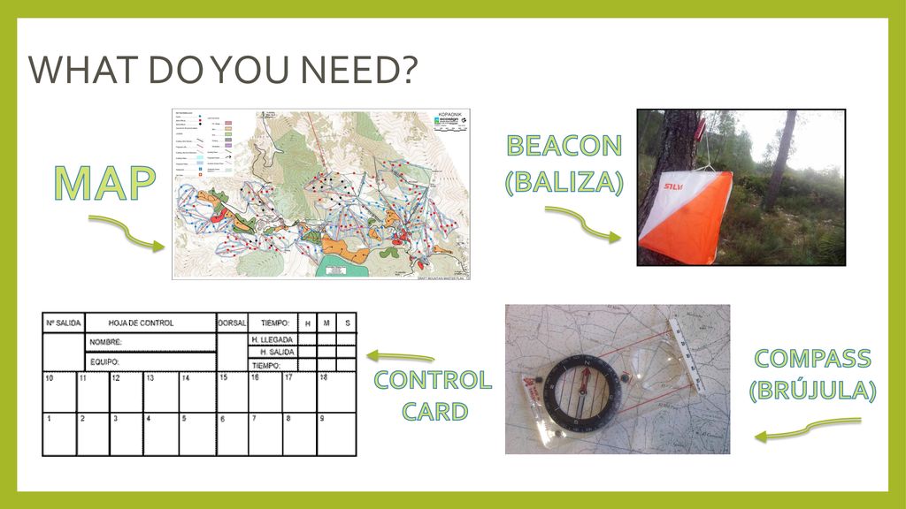 WHAT DO YOU NEED BEACON (BALIZA) MAP COMPASS (BRÚJULA) CONTROL CARD