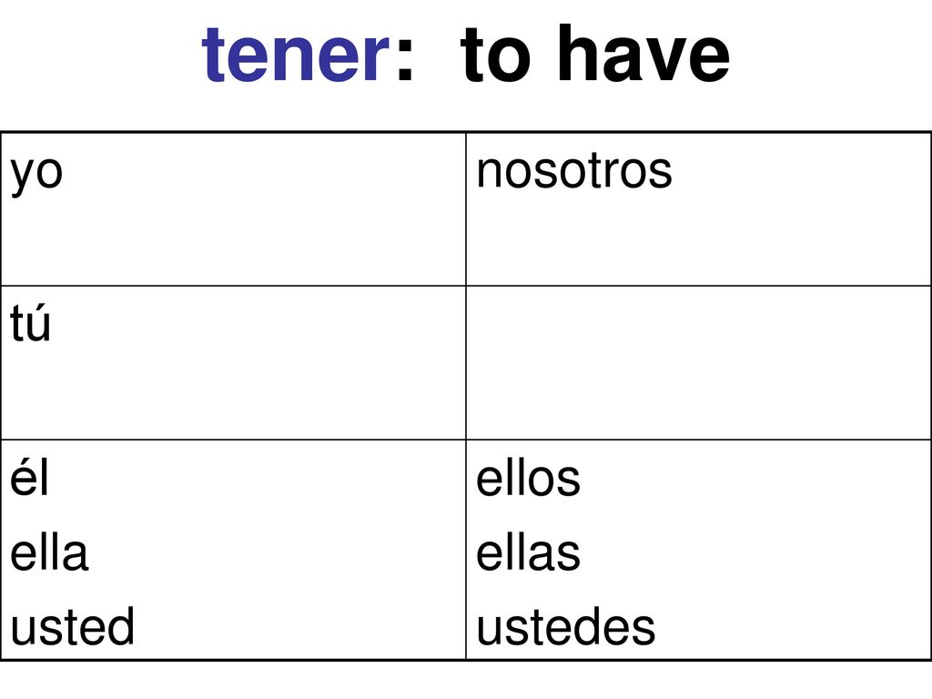 tener: to have yo nosotros tú él ella usted ellos ellas ustedes
