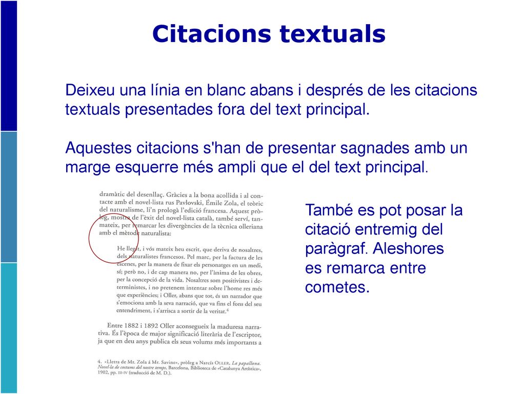 Citacions textuals Deixeu una línia en blanc abans i després de les citacions textuals presentades fora del text principal.