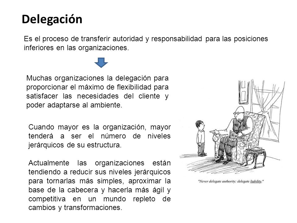 Delegación Es el proceso de transferir autoridad y responsabilidad para las posiciones inferiores en las organizaciones.
