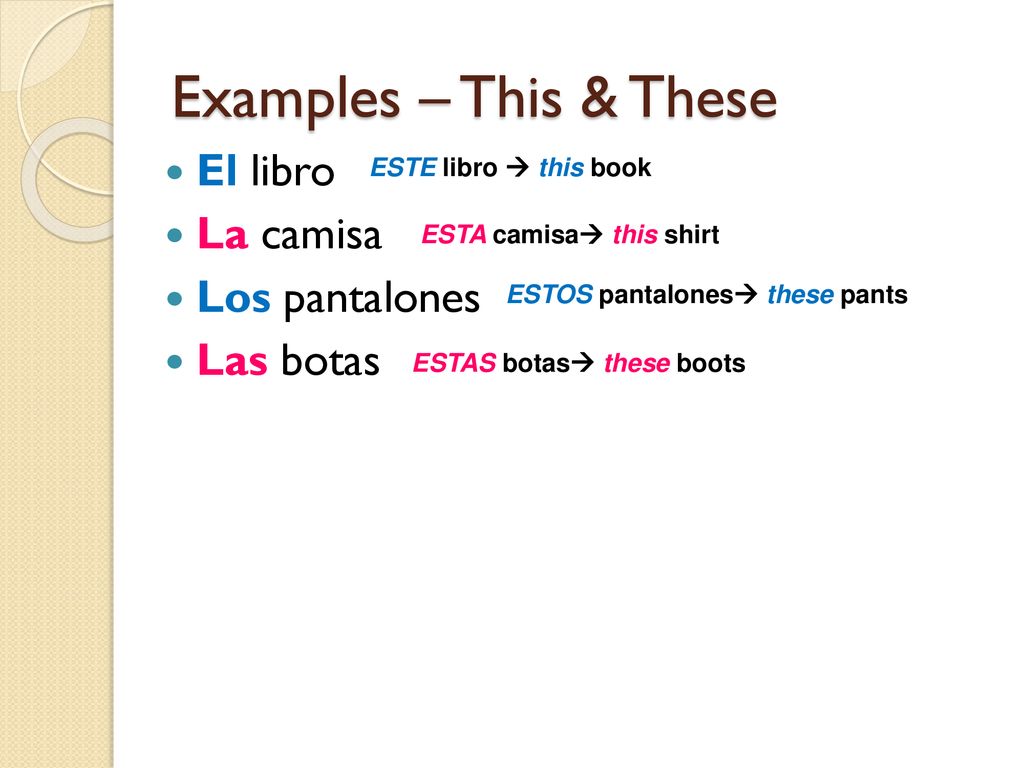 Examples – This & These El libro La camisa Los pantalones Las botas