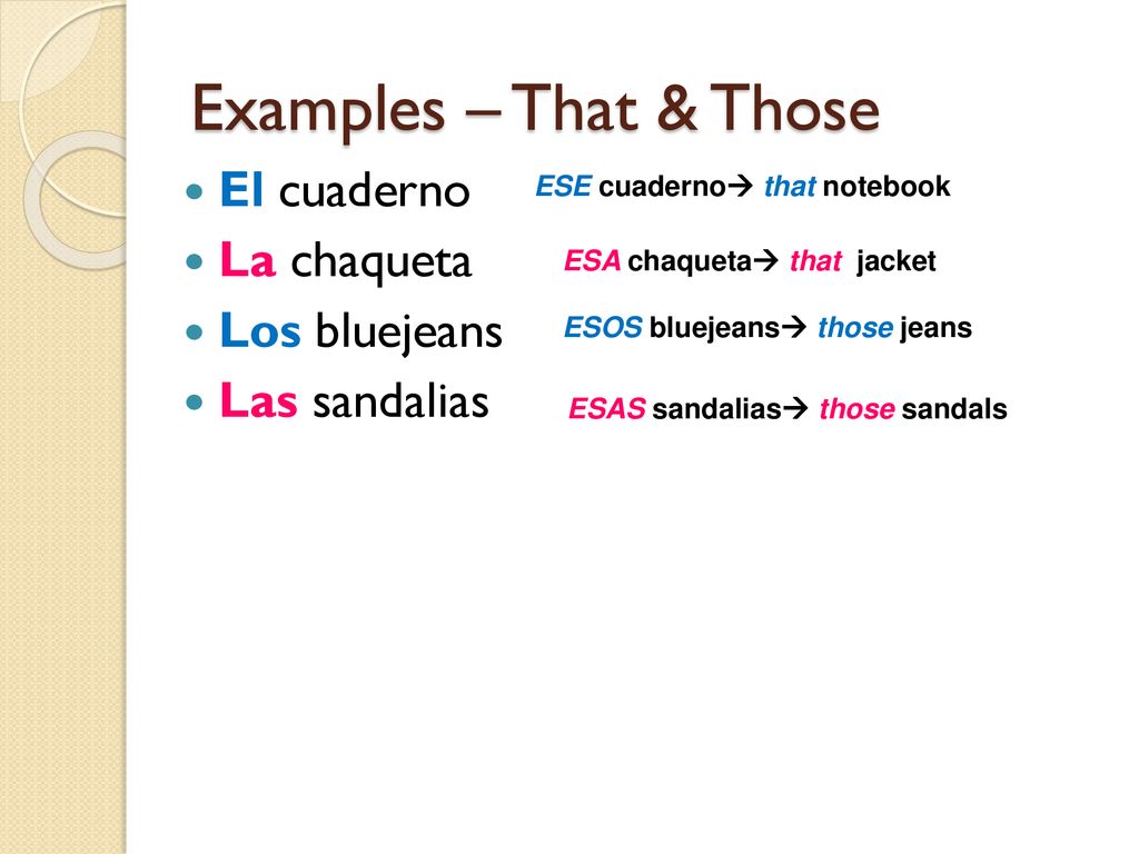 Examples – That & Those El cuaderno La chaqueta Los bluejeans
