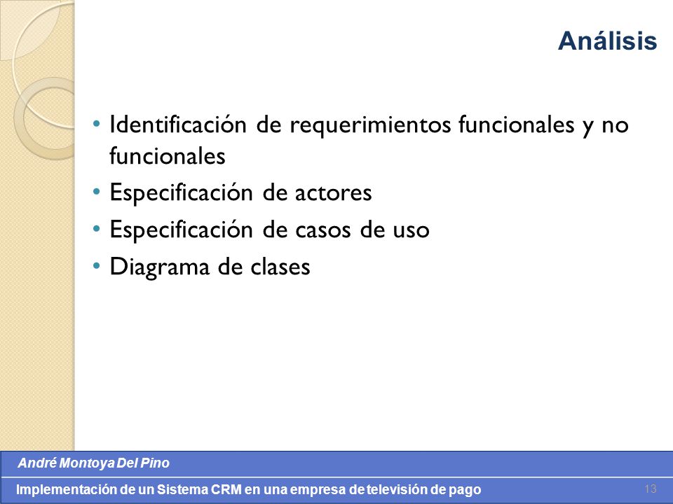 Análisis Identificación de requerimientos funcionales y no funcionales. Especificación de actores.
