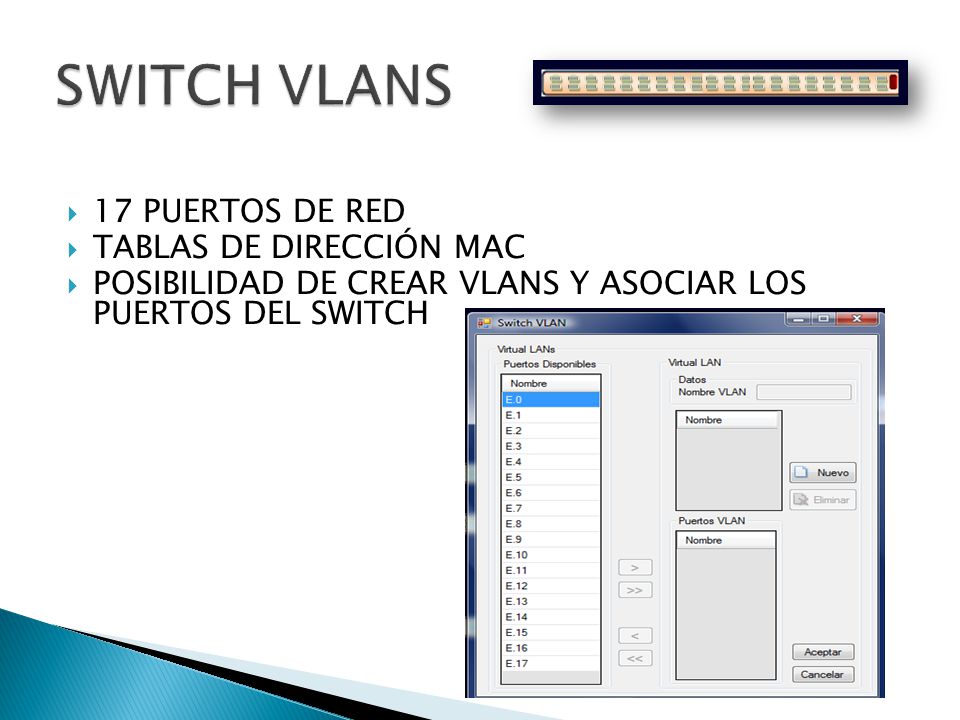 SWITCH VLANS 17 PUERTOS DE RED TABLAS DE DIRECCIÓN MAC