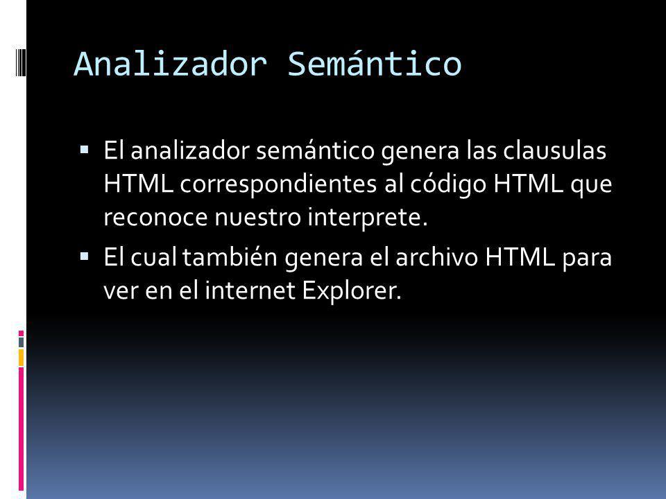 Analizador Semántico El analizador semántico genera las clausulas HTML correspondientes al código HTML que reconoce nuestro interprete.