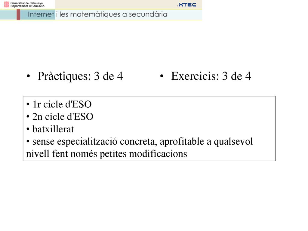 Cada mòdul Pràctiques: 3 de 4 Exercicis: 3 de 4 1r cicle d ESO