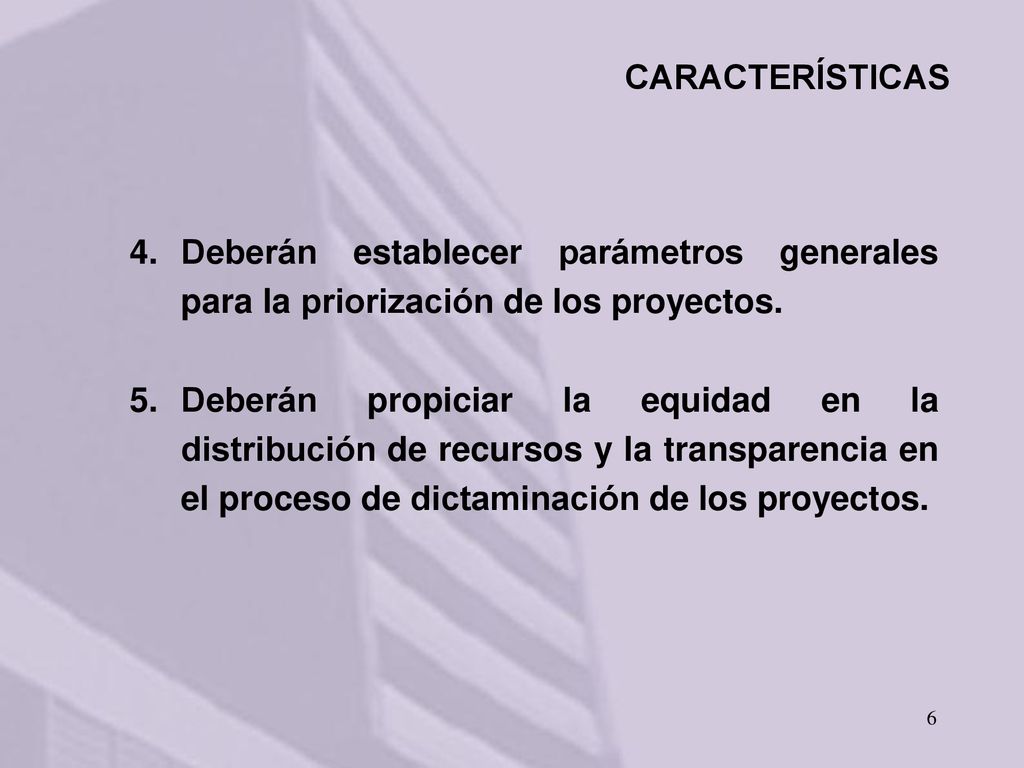 CARACTERÍSTICAS Deberán establecer parámetros generales para la priorización de los proyectos.