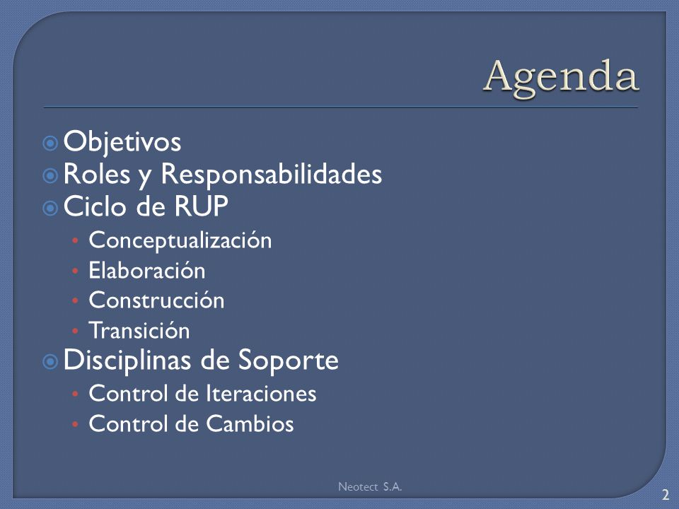 Agenda Objetivos Roles y Responsabilidades Ciclo de RUP