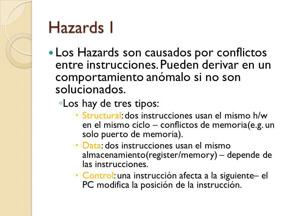Hazards I Los Hazards son causados por conflictos entre instrucciones. Pueden derivar en un comportamiento anómalo si no son solucionados.