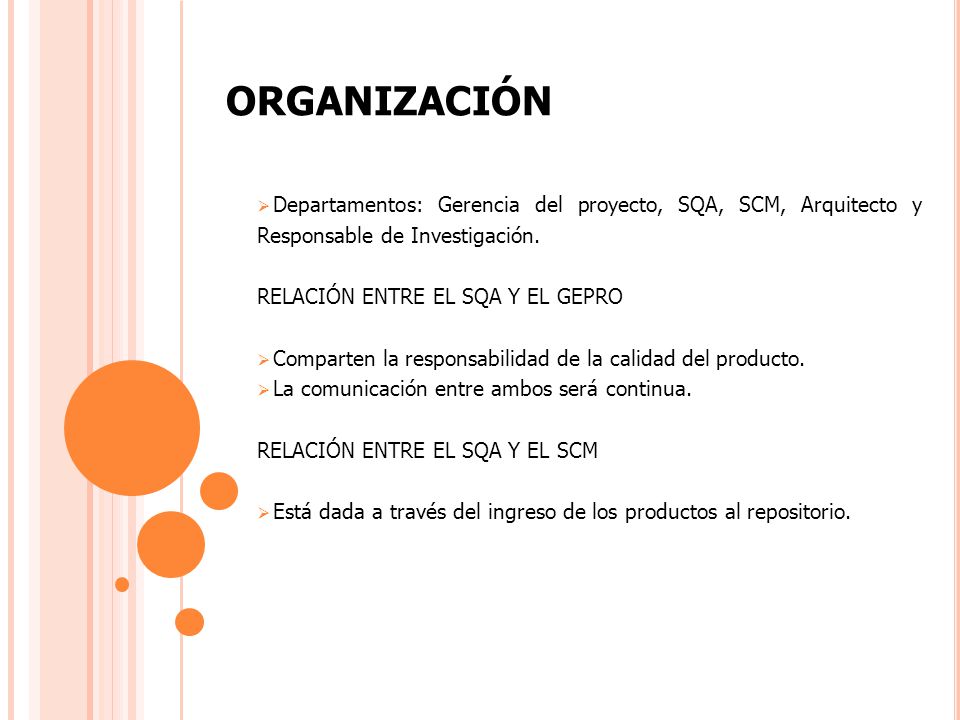 ORGANIZACIÓN Departamentos: Gerencia del proyecto, SQA, SCM, Arquitecto y Responsable de Investigación.