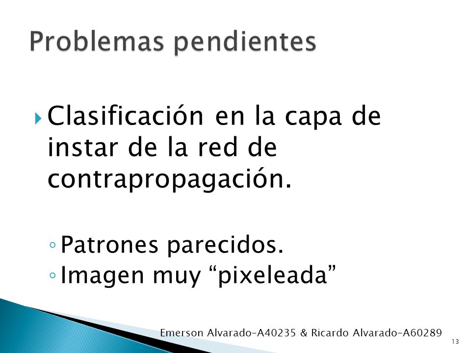 Problemas pendientes Clasificación en la capa de instar de la red de contrapropagación. Patrones parecidos.