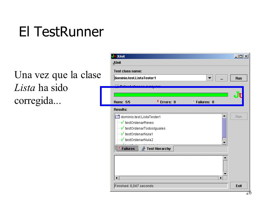 El TestRunner Una vez que la clase Lista ha sido corregida...