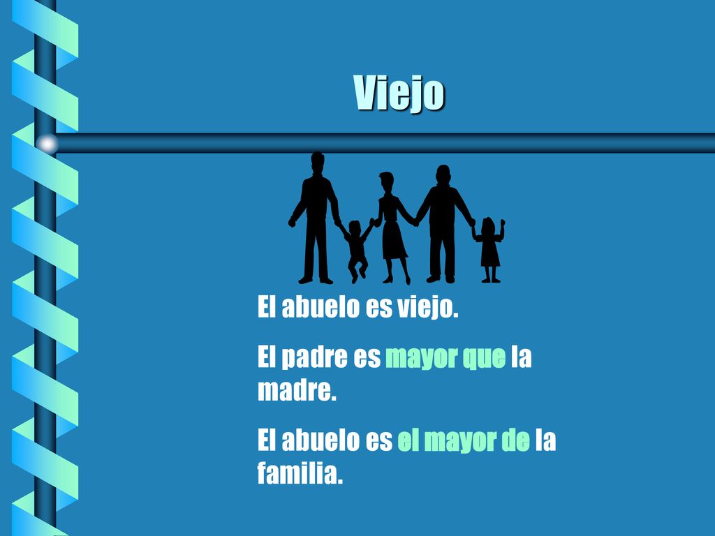 Viejo El abuelo es viejo. El padre es mayor que la madre.