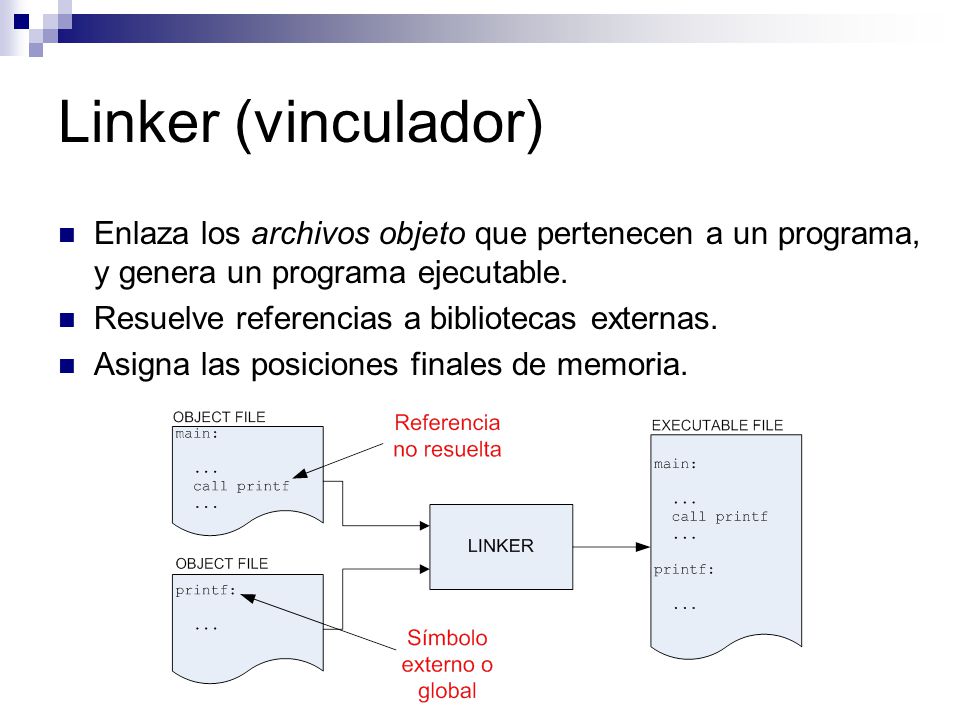 Linker (vinculador) Enlaza los archivos objeto que pertenecen a un programa, y genera un programa ejecutable.