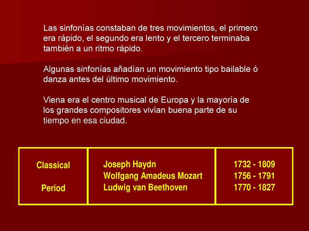 Las sinfonías constaban de tres movimientos, el primero era rápido, el segundo era lento y el tercero terminaba también a un ritmo rápido.