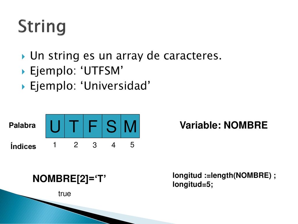 String U T F S M Un string es un array de caracteres. Ejemplo: ‘UTFSM’