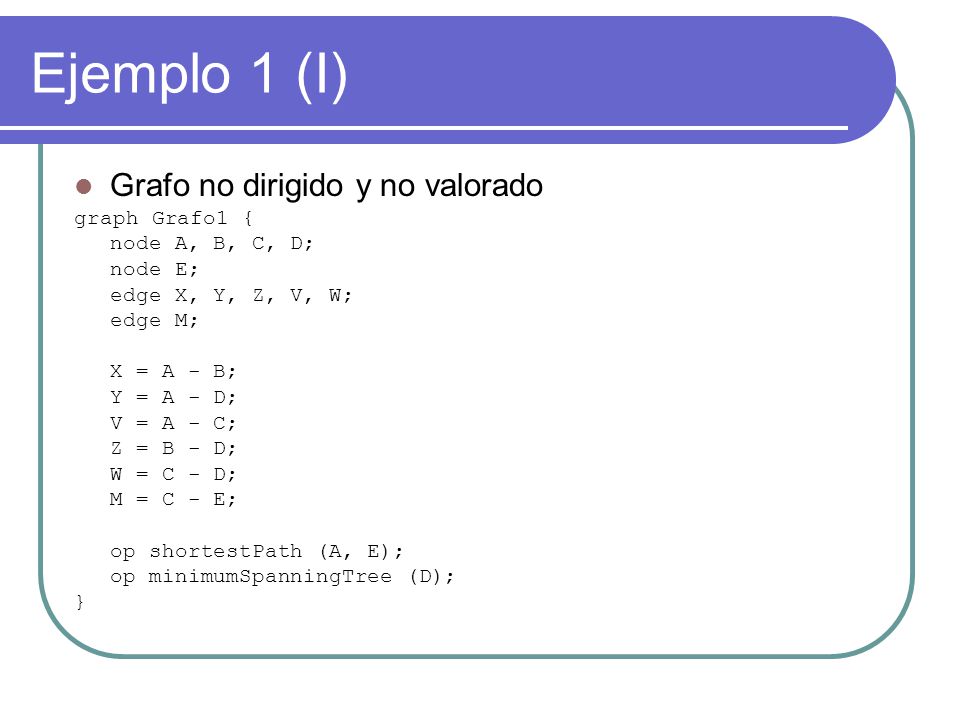 Ejemplo 1 (I) Grafo no dirigido y no valorado graph Grafo1 {