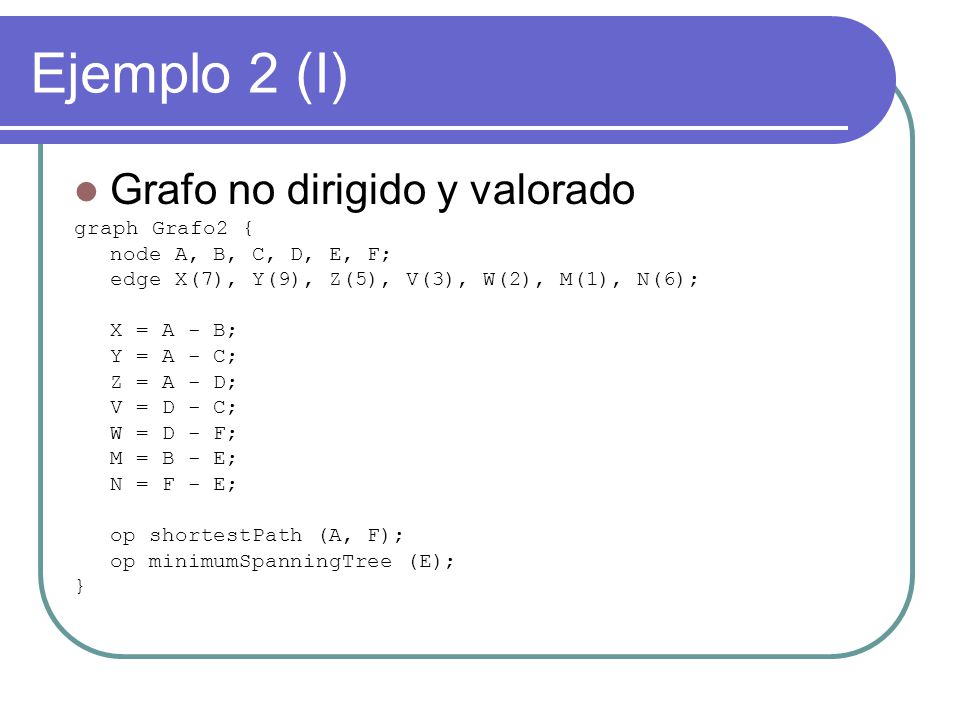 Ejemplo 2 (I) Grafo no dirigido y valorado graph Grafo2 {