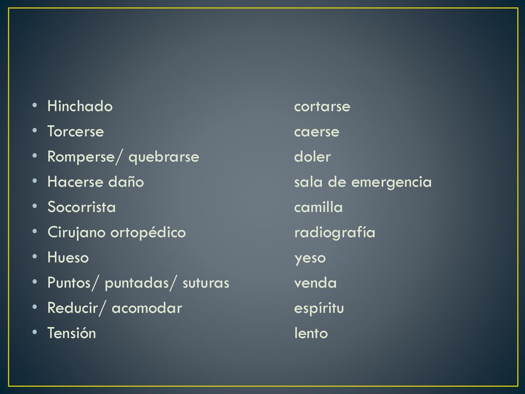 Hinchado cortarse Torcerse caerse. Romperse/ quebrarse doler. Hacerse daño sala de emergencia.