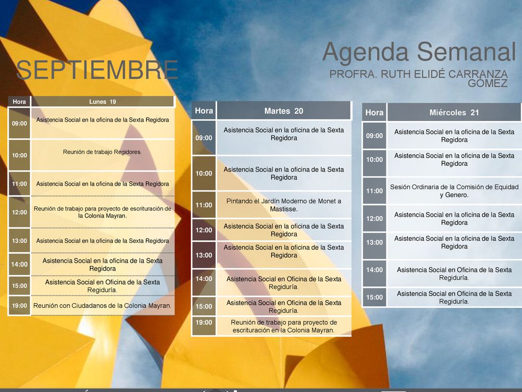 Agenda Semanal SEPTIEMBRE Cabildo Torreón PROFRA. RUTH ELIDÉ CARRANZA