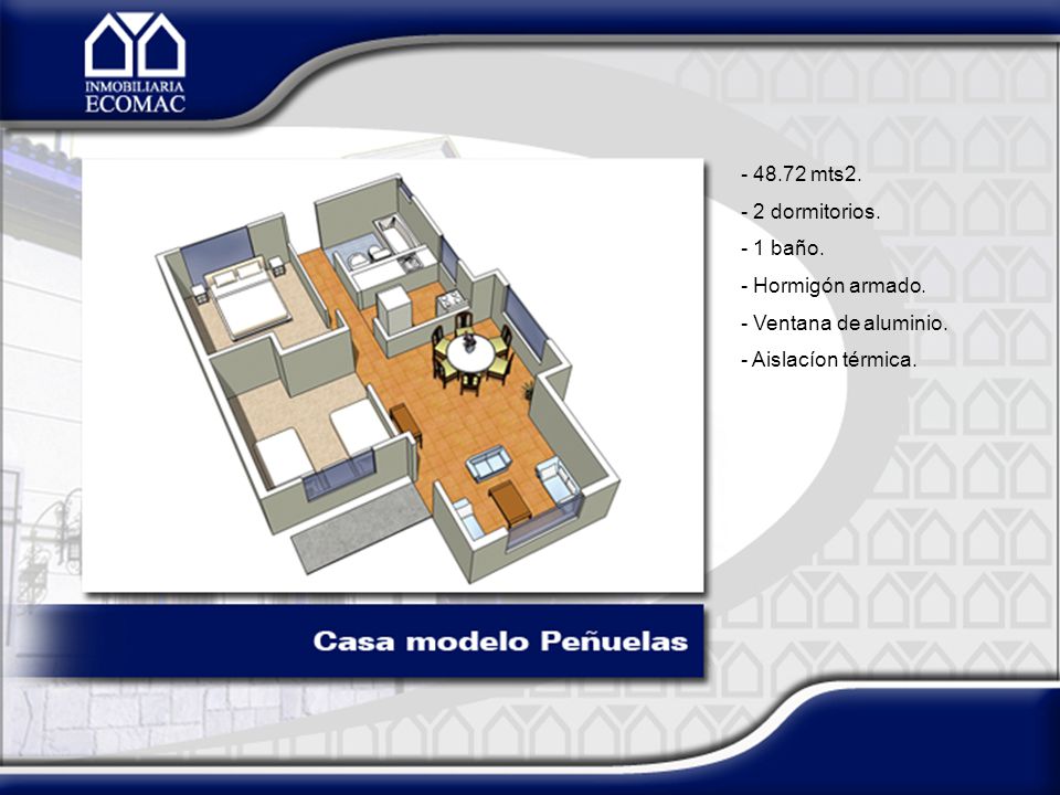 48.72 mts2. 2 dormitorios. 1 baño. Hormigón armado. Ventana de aluminio. Aislacíon térmica.