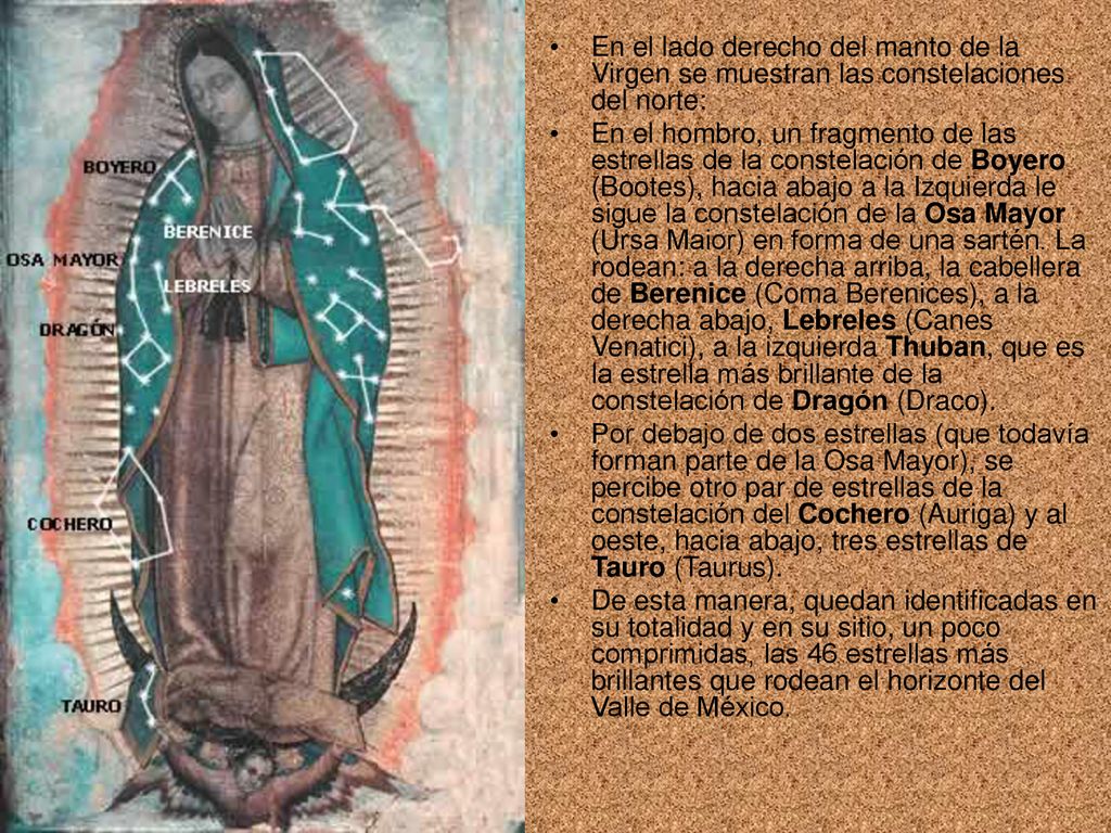 En el lado derecho del manto de la Virgen se muestran las constelaciones del norte:
