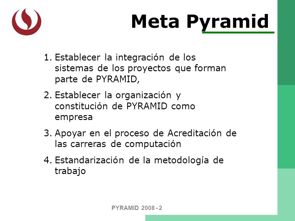 Meta Pyramid Establecer la integración de los sistemas de los proyectos que forman parte de PYRAMID,