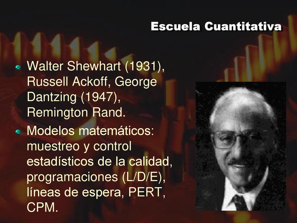 Escuela Cuantitativa Walter Shewhart (1931), Russell Ackoff, George Dantzing (1947), Remington Rand.