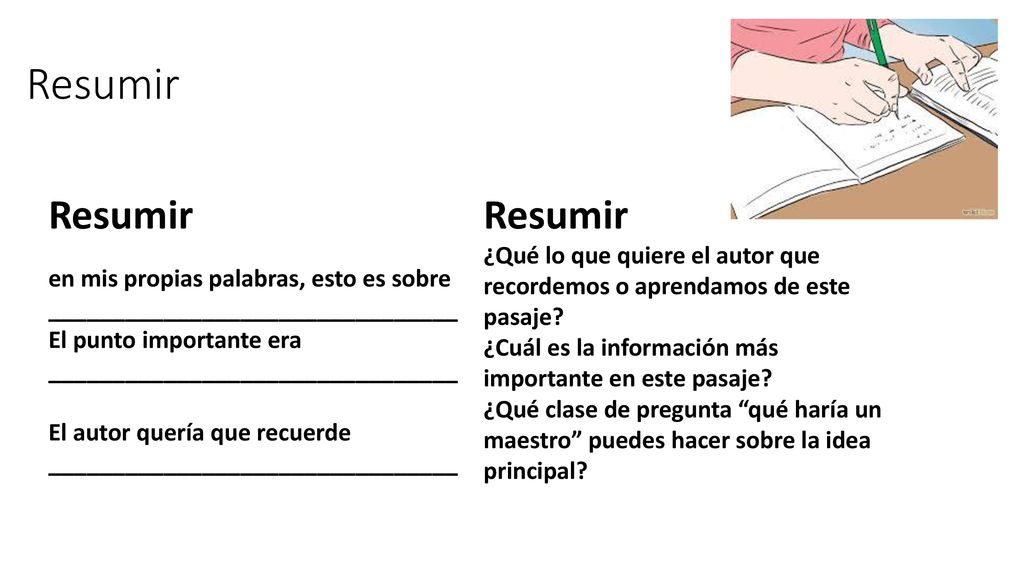 Resumir Resumir. en mis propias palabras, esto es sobre. ________________________________. El punto importante era.